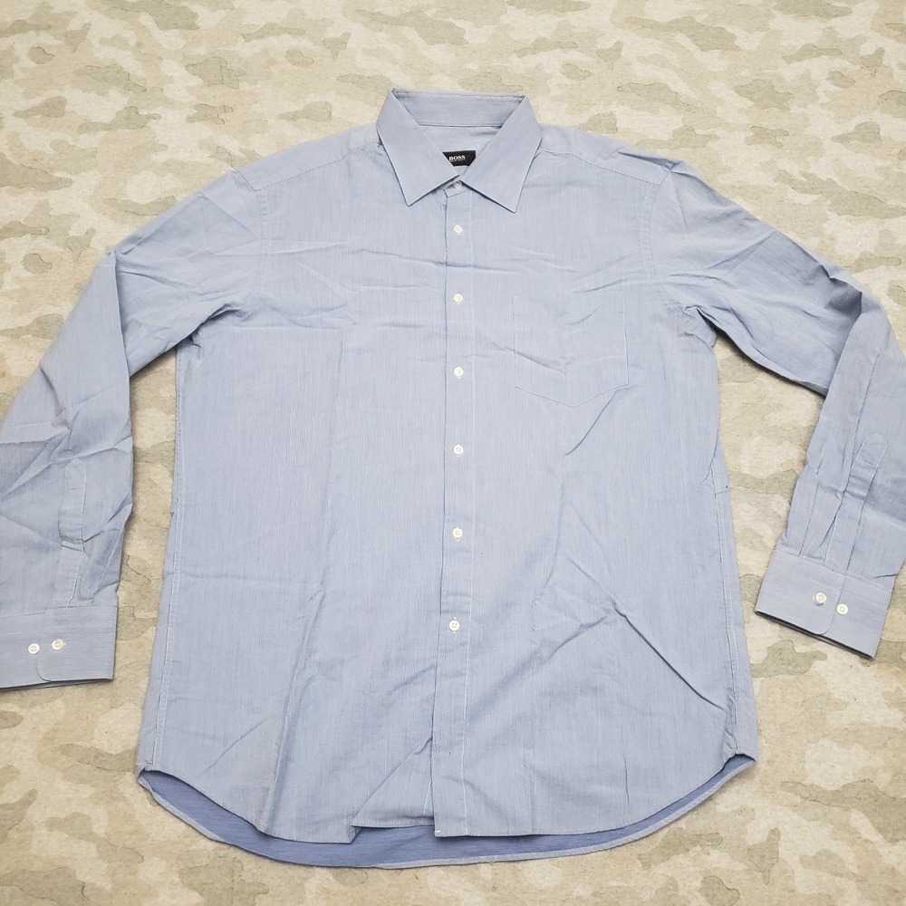 Boss Hugo Boss Shirt Mens 17.5 Blue Pockets Long Sleeve Button Up‎